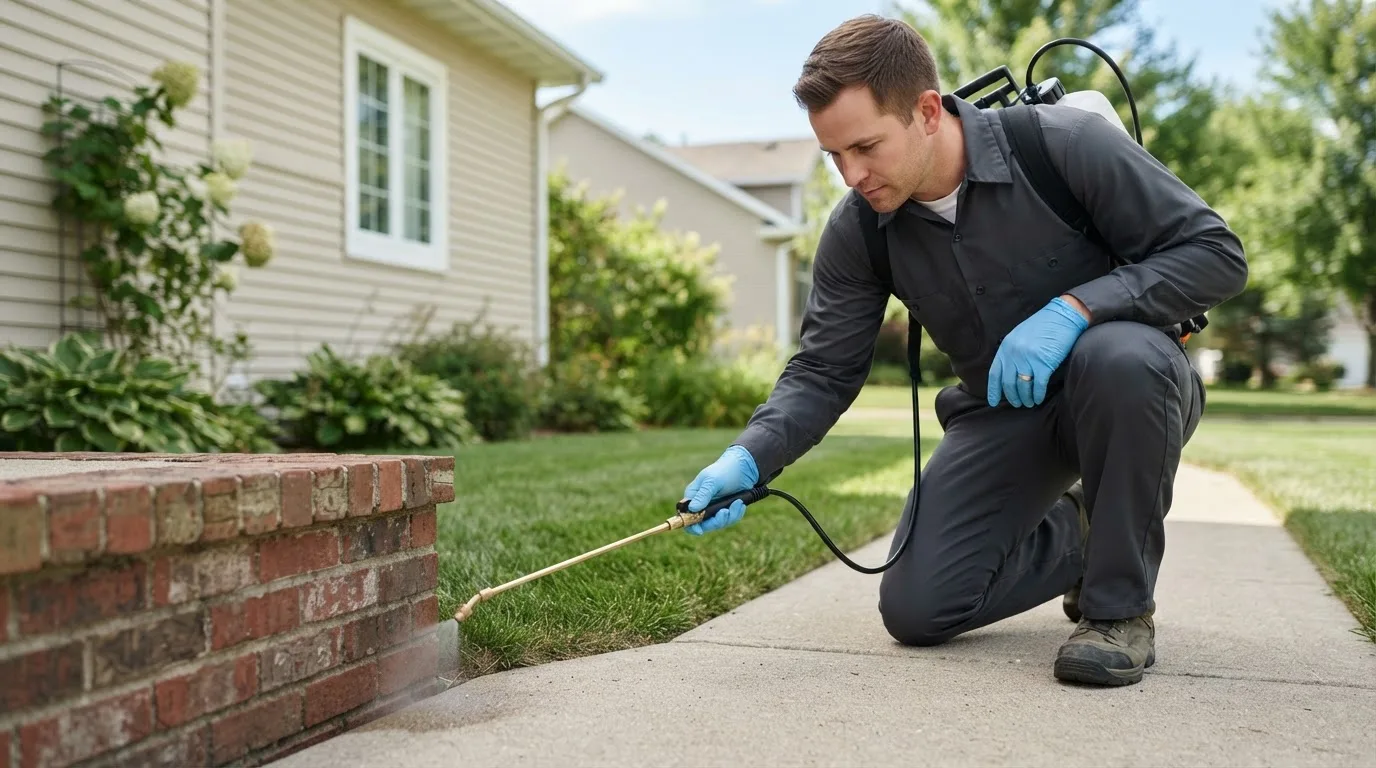 Pest control technician treating a home near Calhoun, LA